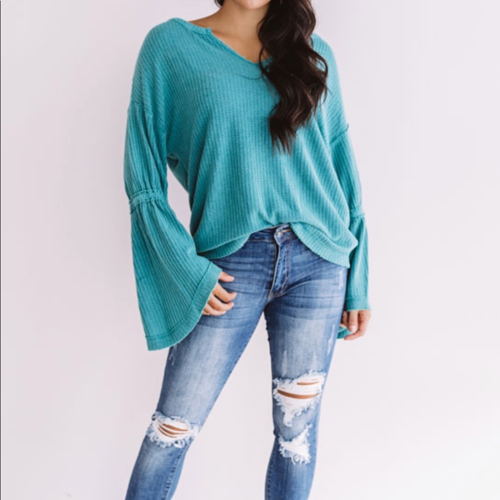 Teal waffle knit boho top